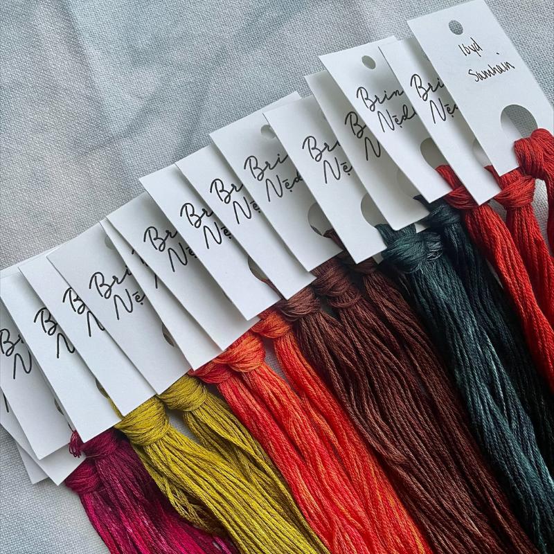 Tonal orange coloured embroidery floss arranged in a circle with the tags 'Brin & Nedle' attached.
